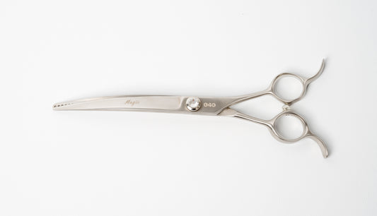 G4G Magic 7.5-inch curved chunking scissors, Japanese 440C steel, for professional pet grooming and bulk hair removal.