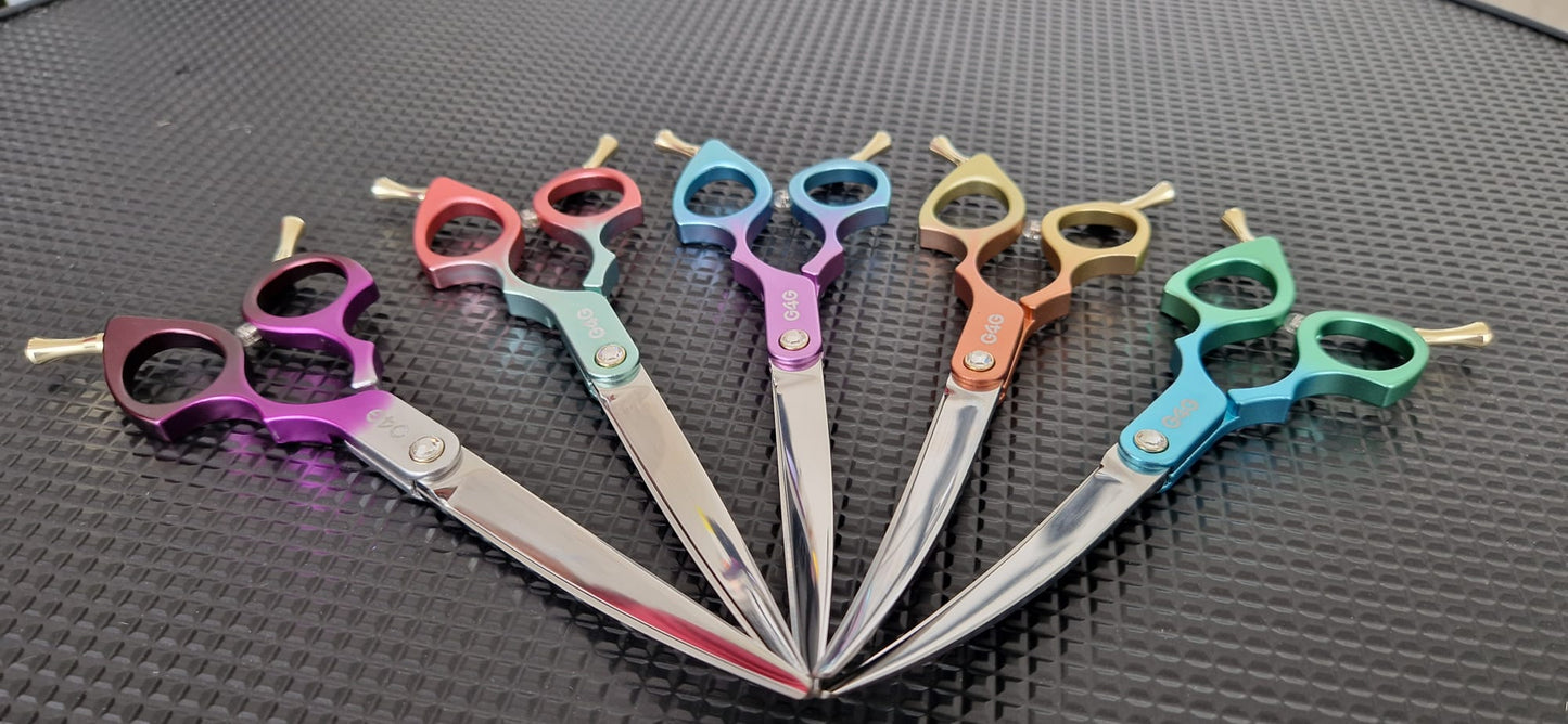 G4G MIU 6.5-inch curved grooming scissors in ombré finish, made from Japanese 440C steel.