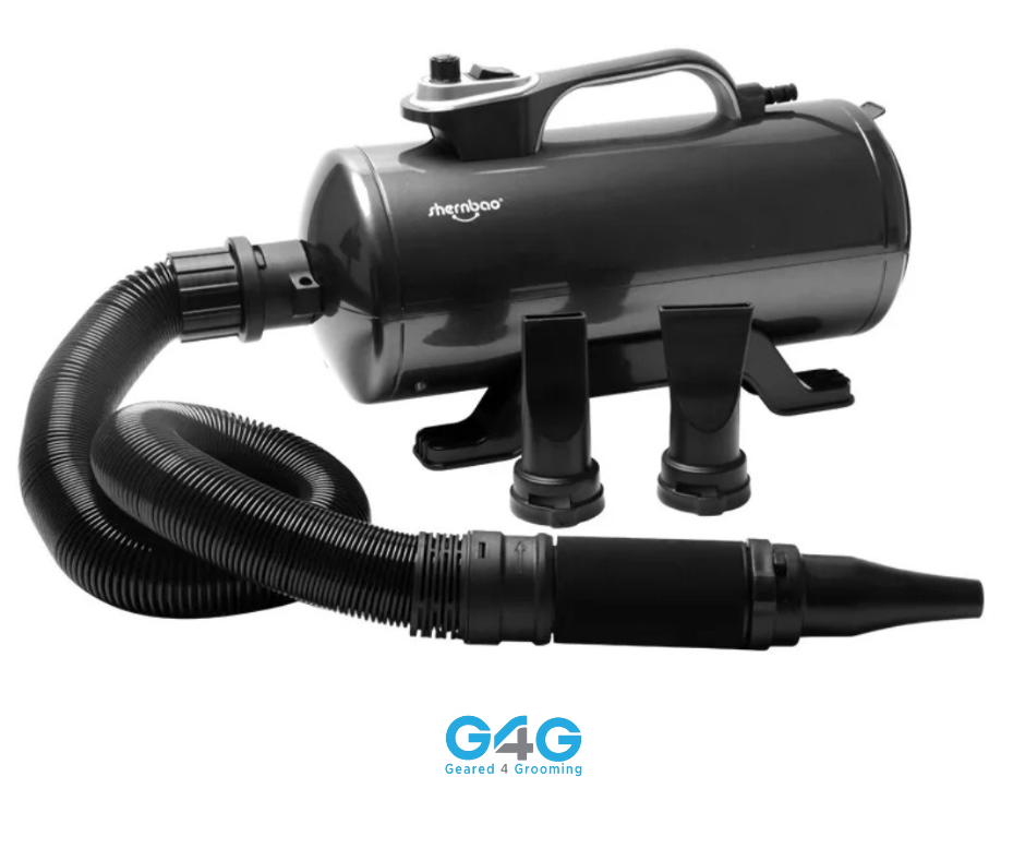 Shernbao Hurricane Dryer with dual 1200W motors, hose, and three nozzle attachments for professional pet grooming.