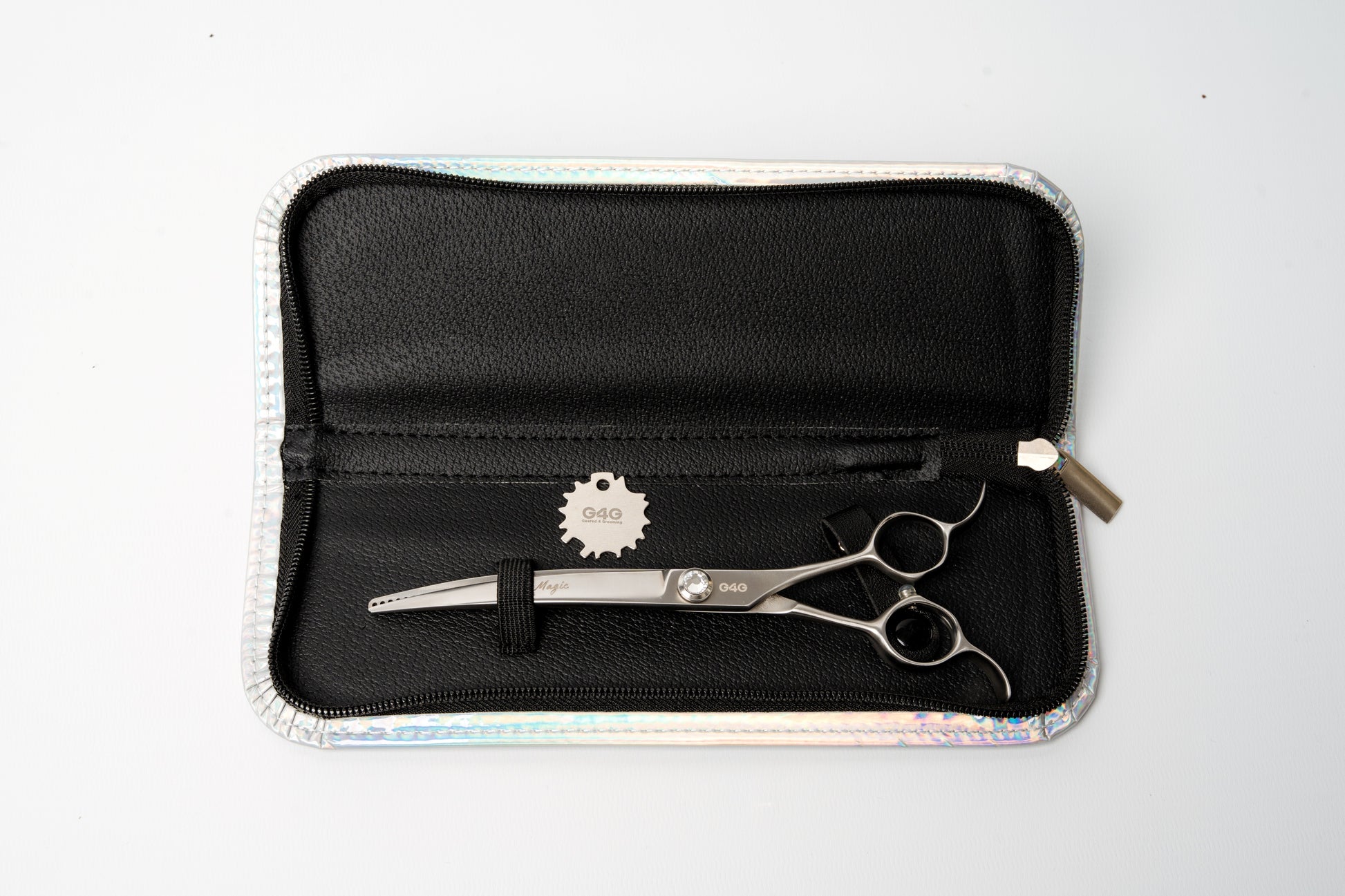 G4G Magic 7.5-inch curved chunking scissors, Japanese 440C steel, for professional pet grooming and bulk hair removal.