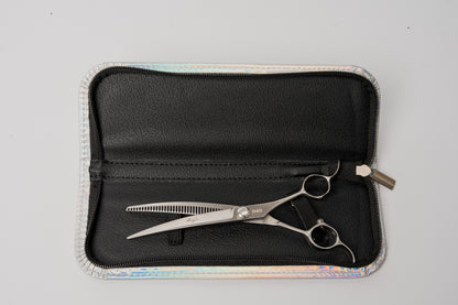 G4G Magic 7.5-inch curved chunking scissors, Japanese 440C steel, for professional pet grooming and bulk hair removal.