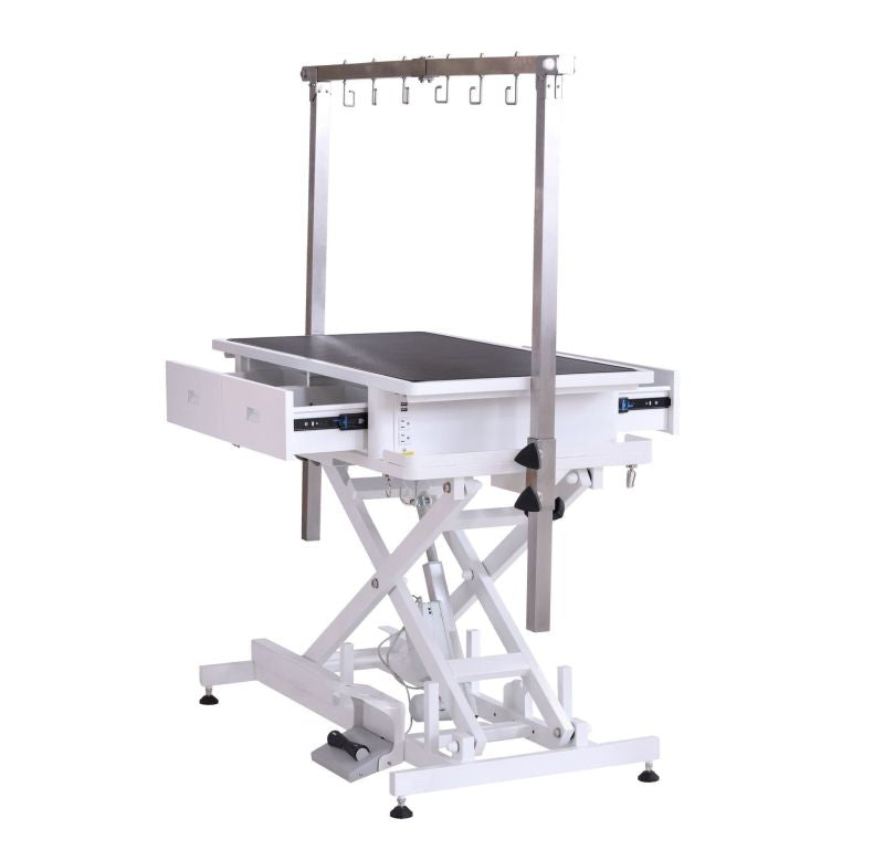 Aeolus Elite Pro Electric Grooming Table with 4 drawers, USB ports, sockets, and stainless steel frame for professional grooming.