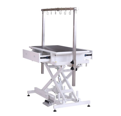 Aeolus Elite Pro Electric Grooming Table with 4 drawers, USB ports, sockets, and stainless steel frame for professional grooming.