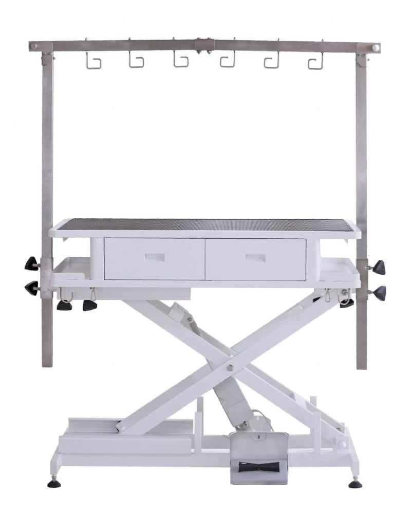 Aeolus Elite Pro Electric Grooming Table with 4 drawers, USB ports, sockets, and stainless steel frame for professional grooming.