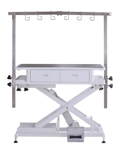Aeolus Elite Pro Electric Grooming Table with 4 drawers, USB ports, sockets, and stainless steel frame for professional grooming.